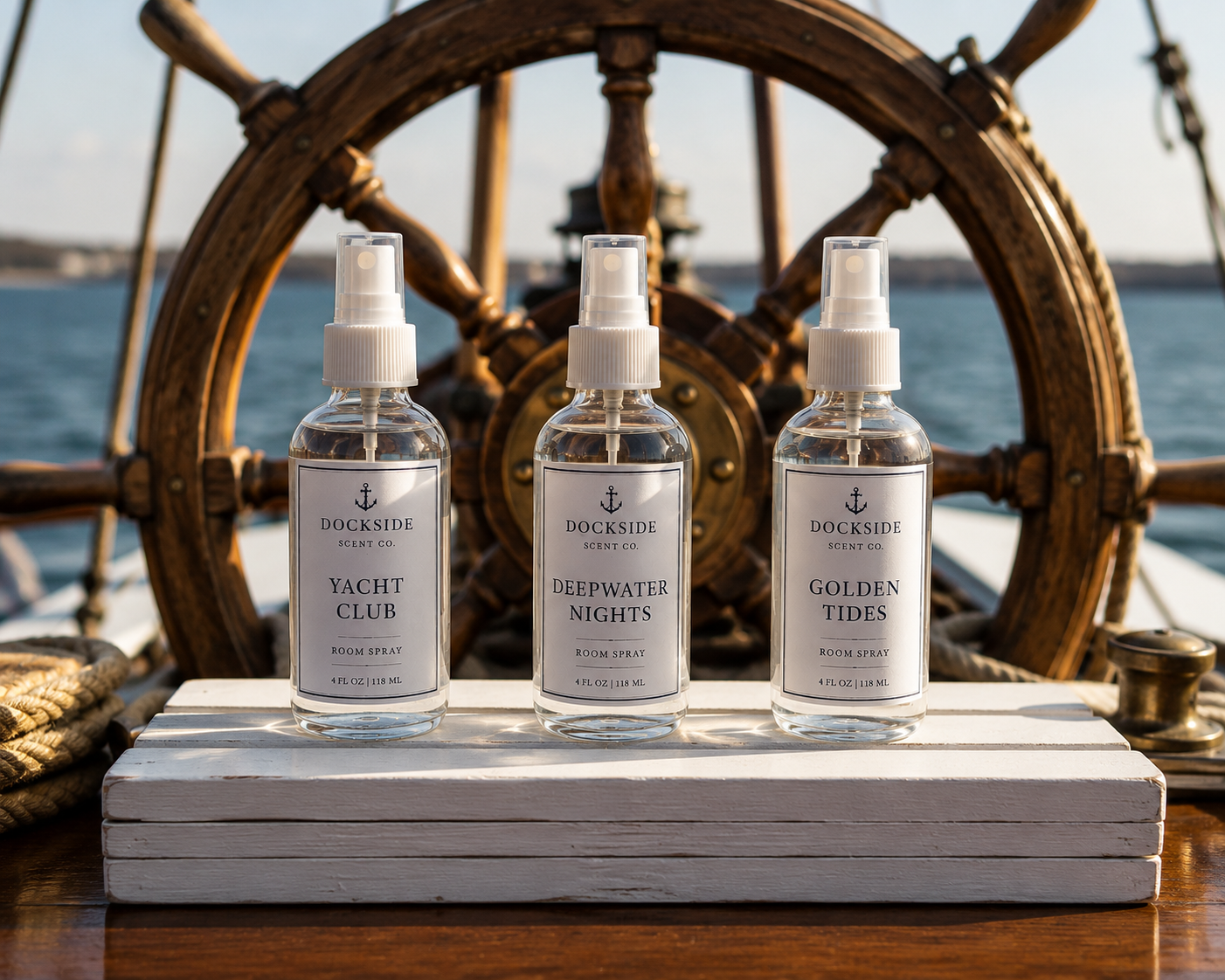 Dockside room sprays in front of a ship's wheel