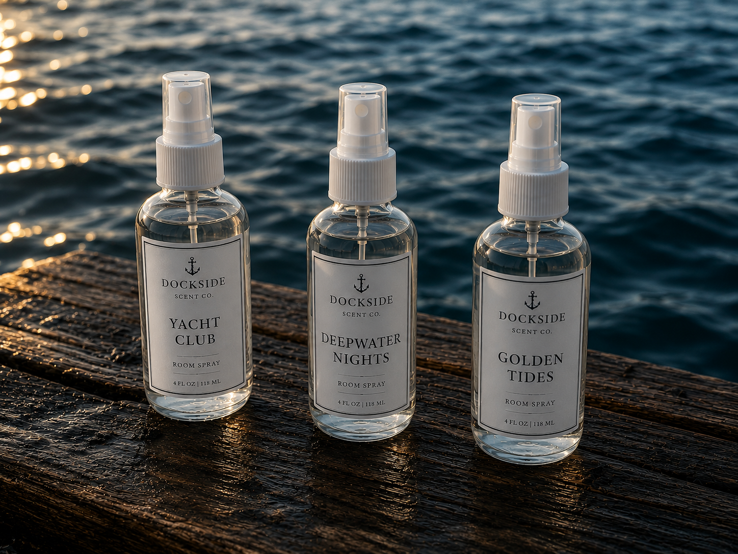 All three Dockside room sprays on a dock