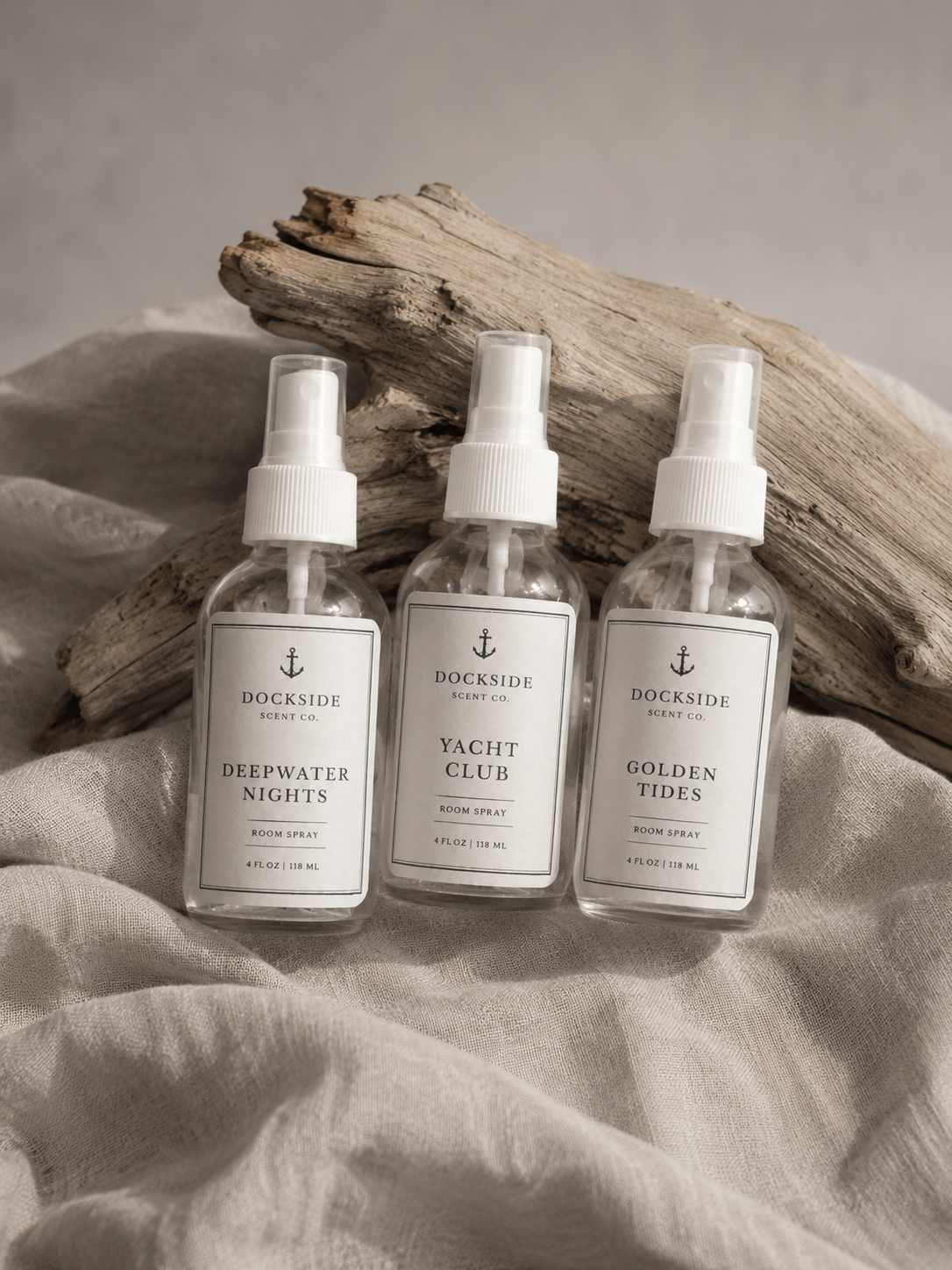 Dockside room sprays on linen and driftwood