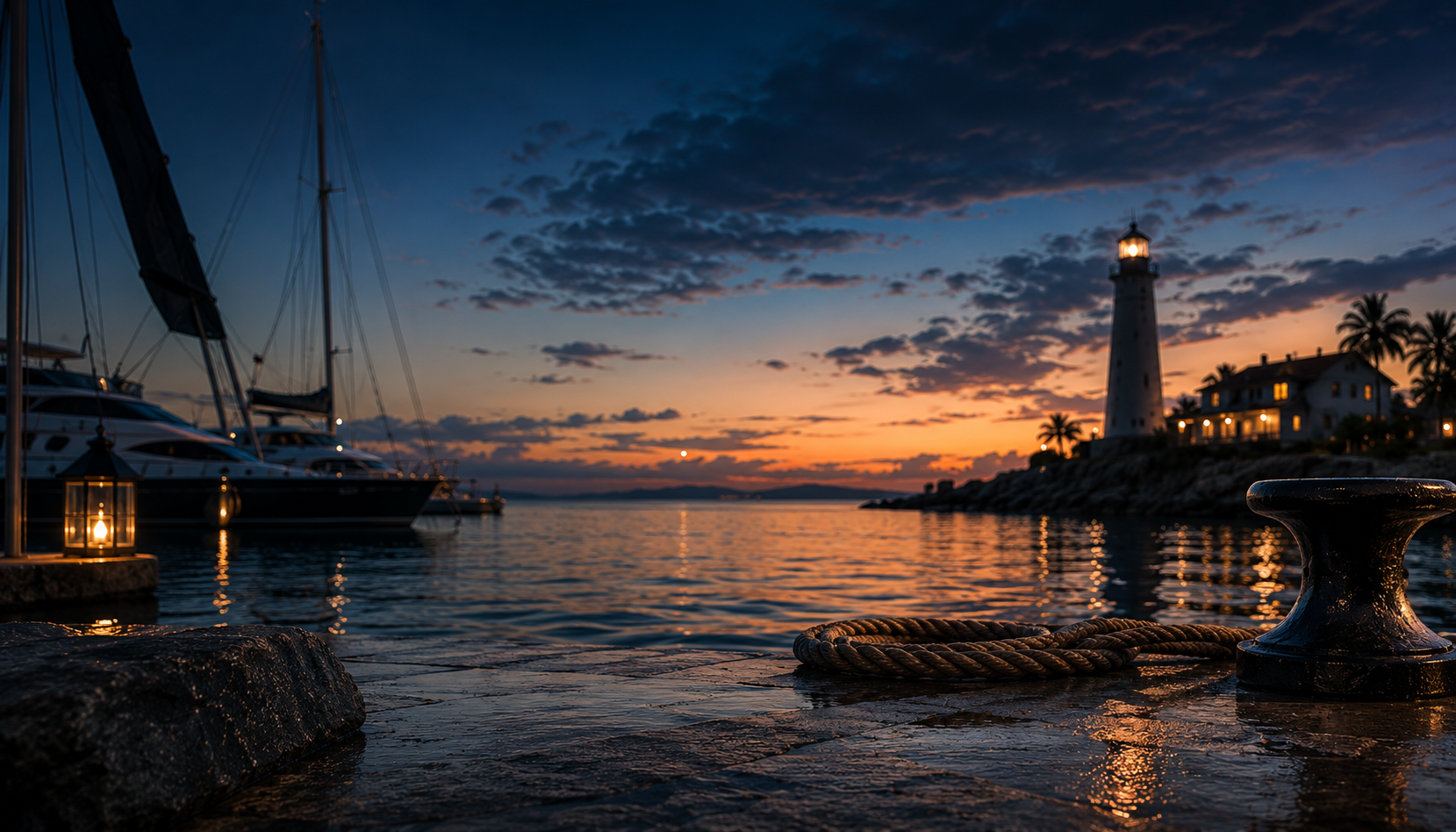 Sunset over a luxury marina, yachts moored along the dock